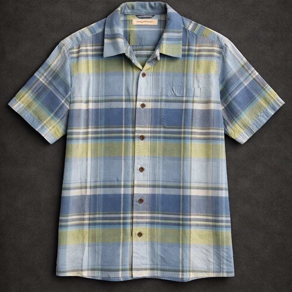 Tommy Bahama 100% Silk Plaid Camp Shirt Mens Large Blue Green Hawaiian Button Up